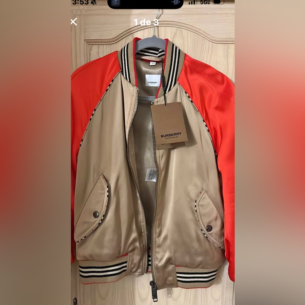 Burberry Men's Tan and Red Bomber Jacket